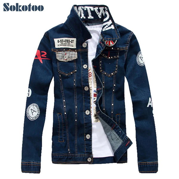 Sokotoo Men's slim English flag patch design rivet jean jacket Casual dark blue washed denim coat Outerwear - Premium  from Kestiesss - Just €35.70! Shop now at Kestiesss