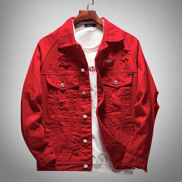 Sokotoo Men's letters embroidered red jean jacket Holes ripped denim coat Outerwear - Premium  from Kestiesss - Just €29.40! Shop now at Kestiesss
