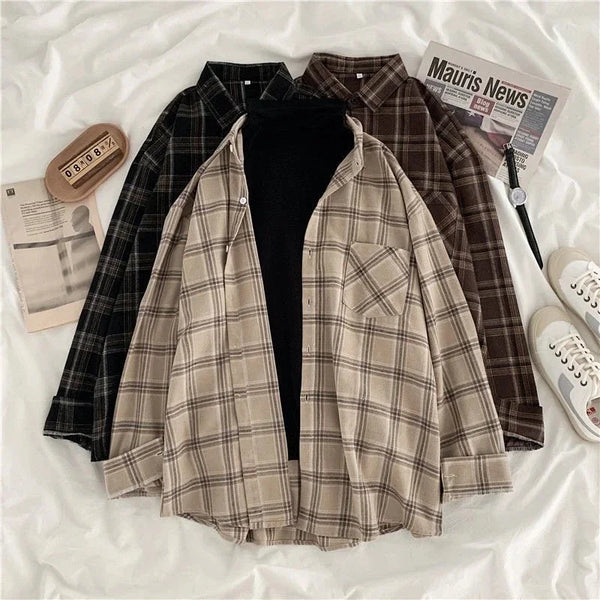 Vintage Plaid Shirts Women Autumn Long Sleeve Oversize Button Up Shirt Korean Fashion Casual Fall Outwear Tops Blusas Mujer 2021 - Premium  from Kestiesss - Just €9.95! Shop now at Kestiesss