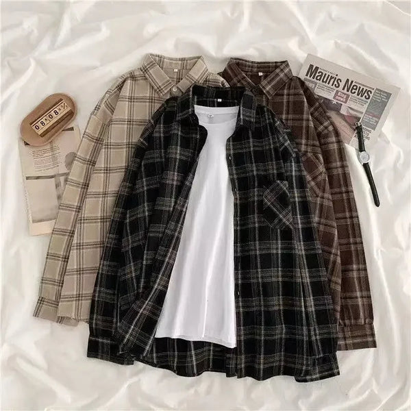 Vintage Plaid Shirts Women Autumn Long Sleeve Oversize Button Up Shirt Korean Fashion Casual Fall Outwear Tops Blusas Mujer 2021 - Premium  from Kestiesss - Just €9.95! Shop now at Kestiesss