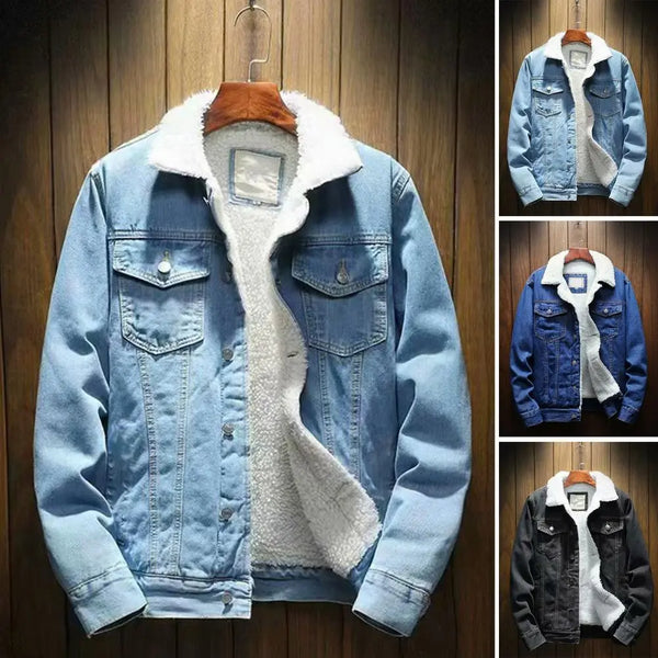 Men Jean Jacket Thicken Lamb Cashmere Lining Solid Color Coldproof Outerwear Winter Single Breasted Denim Coat Streetwear - Premium  from Kestiesss - Just €28.25! Shop now at Kestiesss