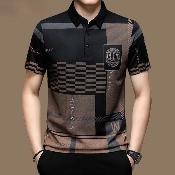 New Summer T Shirts for Men 2023 Short Sleeve Turn-down Collar Letter Printing Button Striped Polo Tees Fashion Pullover Tops - Premium  from Kestiesss - Just €15.60! Shop now at Kestiesss