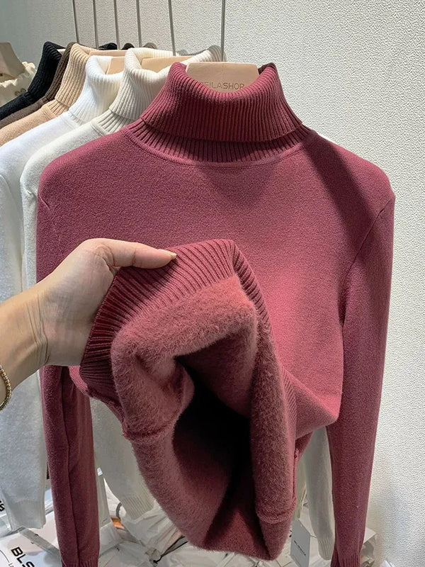Turtleneck Winter Sweater Women Elegant Thicken Velvet Lined Warm Sueter Knitted Pullover Slim Tops Jersey Knitwear Jumper New - Premium  from Kestiesss - Just €12.24! Shop now at Kestiesss